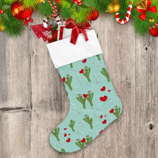 Christmas With Cactus Couple Holding Shining Red Hearts Christmas Stocking
