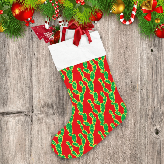 Christmas With Cactus Green With Gold Line On A Red Christmas Stocking