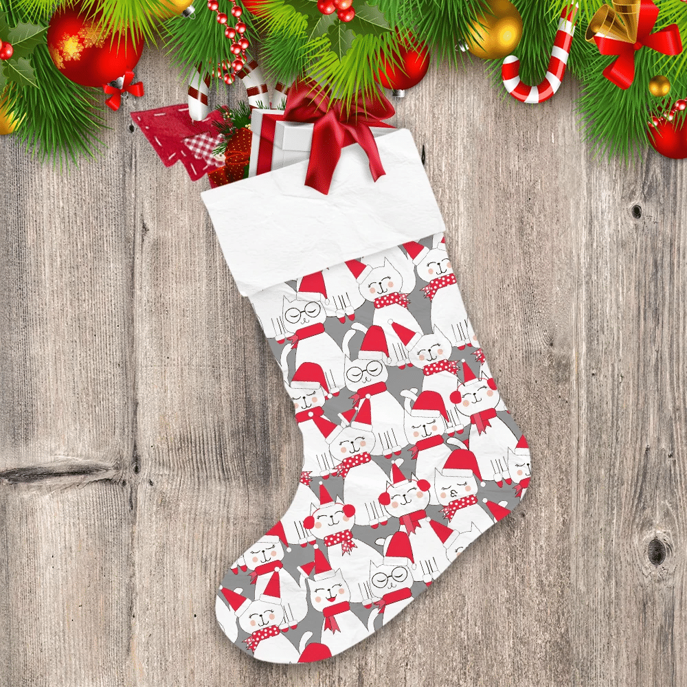 Christmas With Cute Santa Cats On Grey Christmas Stocking