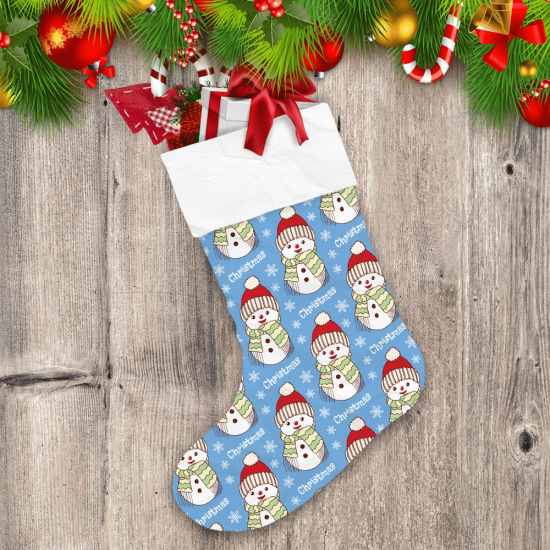 Christmas With Cute Snowman In Hat And Scarf Christmas Stocking