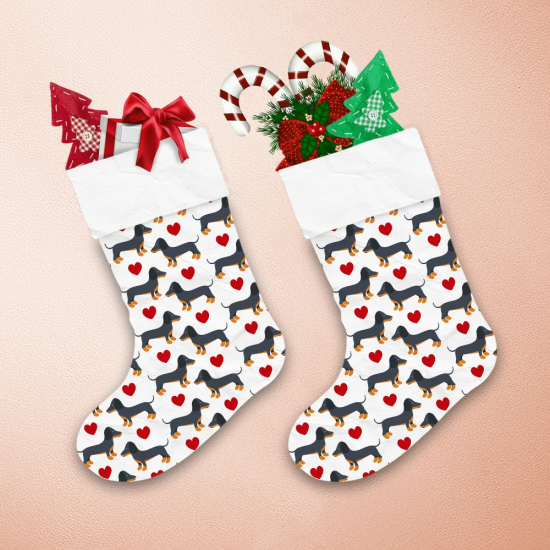Christmas With Dachshund And Red Heart On White Christmas Stocking 1