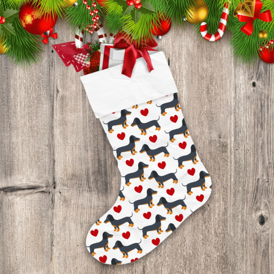 Christmas With Dachshund And Red Heart On White Christmas Stocking