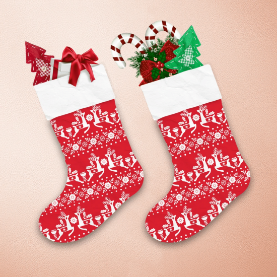 Christmas With Deer And Flowers On Red Background Christmas Stocking 1