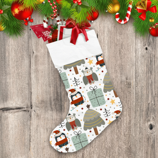 Christmas With Penguin Owl And Present Christmas Stocking