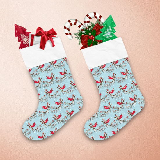Christmas With Red Baby Birds On Blue Christmas Stocking 1 Christmas With Red Baby Birds On Blue Christmas Stocking 1