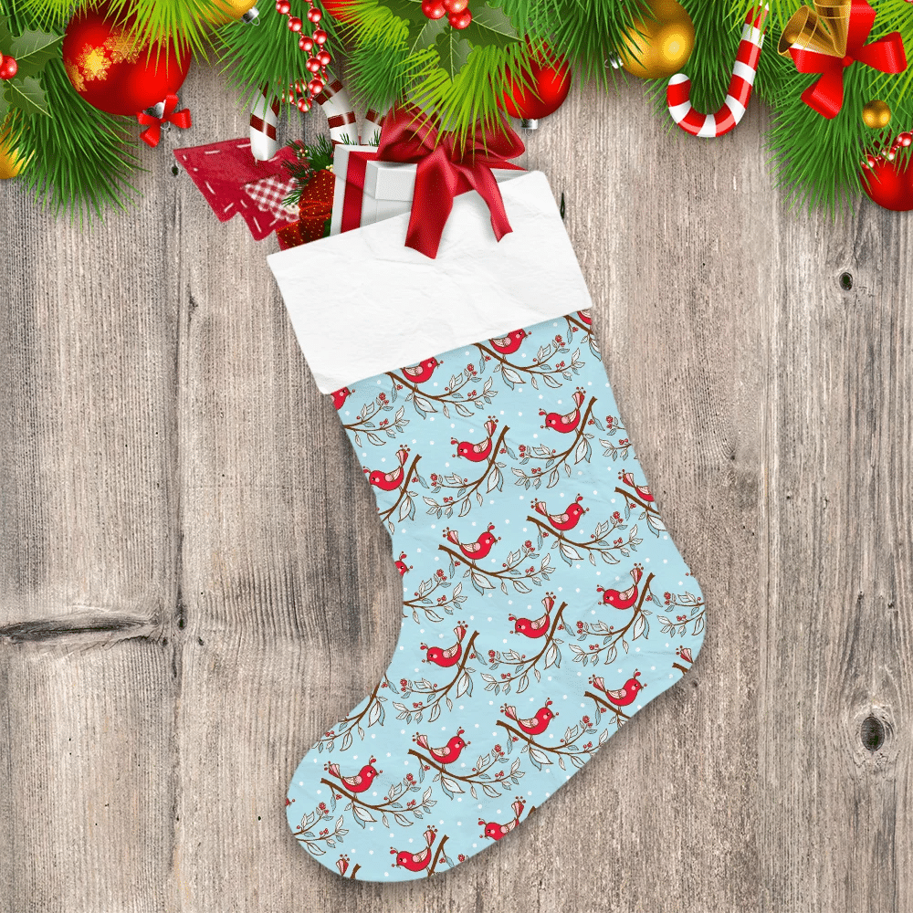 Christmas-With-Red-Baby-Birds-On-Blue-Christmas-Stocking Christmas With Red Baby Birds On Blue Christmas Stocking