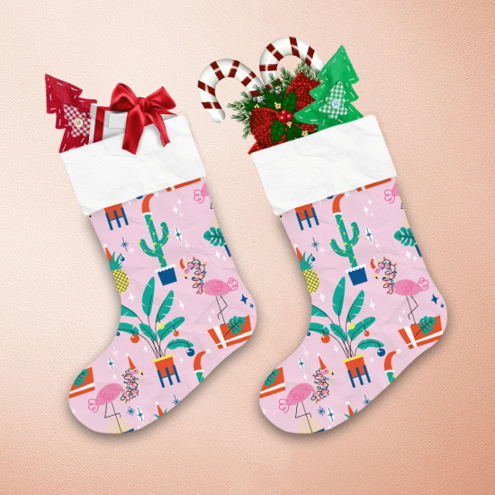 Christmas With Tropical Trees And Flamingos In Hats Christmas Stocking 1