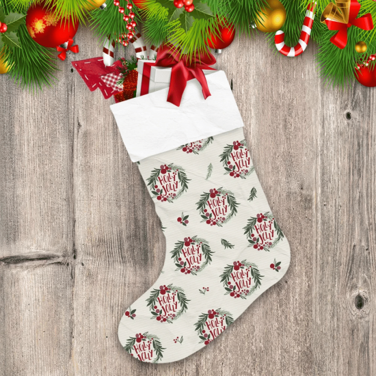 Christmas Wreath Holly Jolly Leaf Text With Red Berries Christmas Stocking