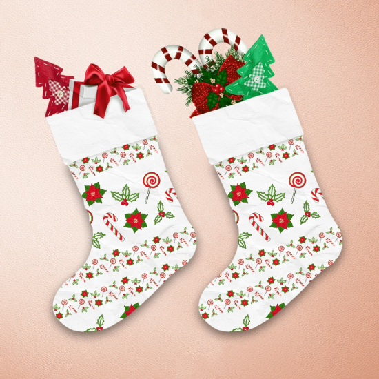 Christmass Poinsettia Mistletoeholly Berries And Candy Christmas Stocking 1