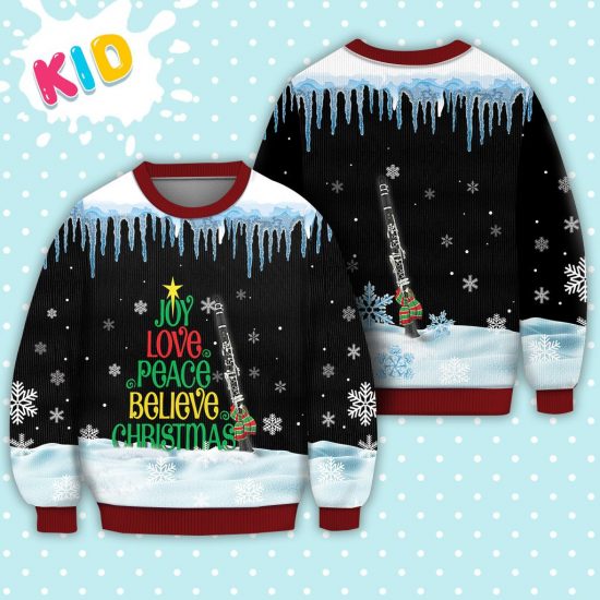 Clarinet Joy Love Peace Believe Christmas Sweater Christmas Knitted Sweater Print Fashion Sweatshirt For Everyone 1