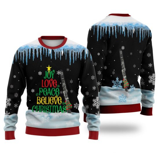 Clarinet Joy Love Peace Believe Christmas Sweater Christmas Knitted Sweater Print Fashion Sweatshirt For Everyone
