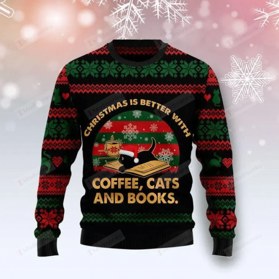 Coffee Cat And Books Better Ugly Christmas Sweater
