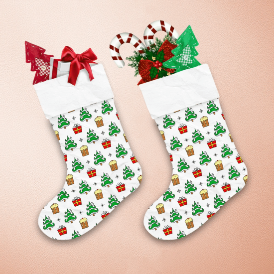 Colored Doodle Christmas Icons Including Fir Tree Present Boxes And Cakes Christmas Stocking 1