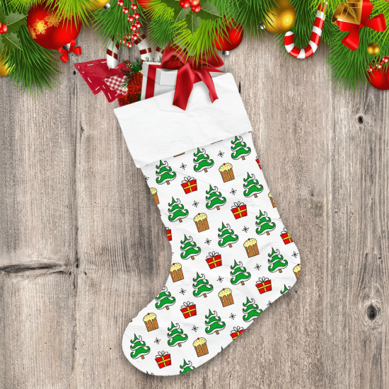Colored Doodle Christmas Icons Including Fir Tree Present Boxes And Cakes Christmas Stocking