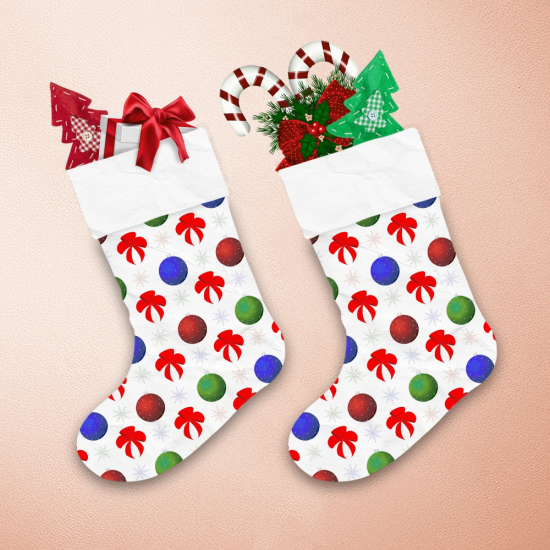 Colorful Christmas Balls And Festive Red Bows Snowflakes Christmas Stocking 1
