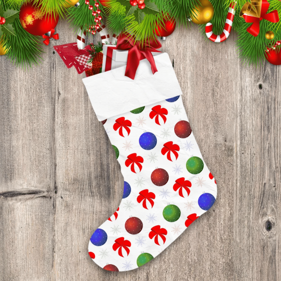 Colorful Christmas Balls And Festive Red Bows Snowflakes Christmas Stocking