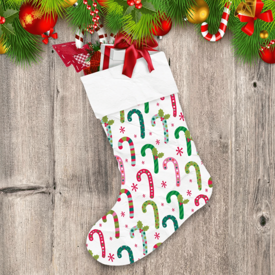 Colorful Christmas Candy Cane And Holly Christmas Stocking