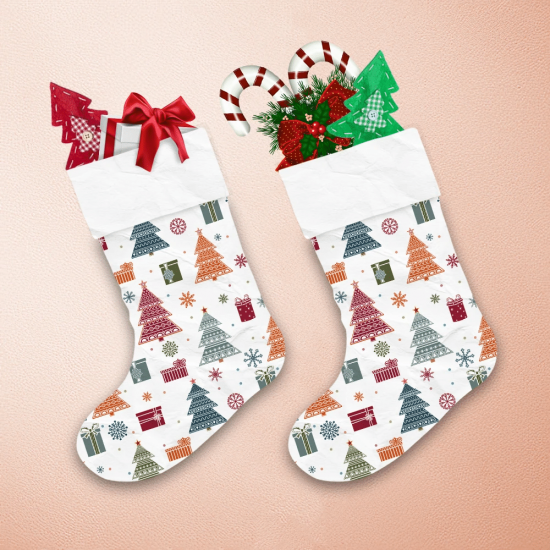 Colorful Christmas Trees With Ornaments Gifts And Snowflakes Christmas Stocking 1