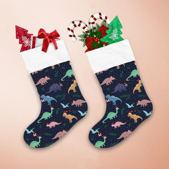Colorful Dino Characters With Santa Hats And Gifts Christmas Stocking 1