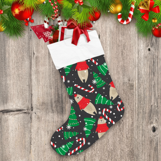 Colorful With Bears Candy Canes And Fir Trees Christmas Stocking