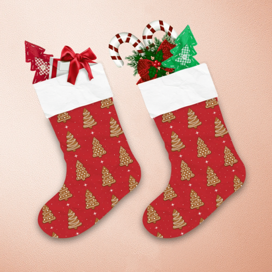 Cookies In The Shape Of Xmas Tree On Red Background Christmas Stocking 1