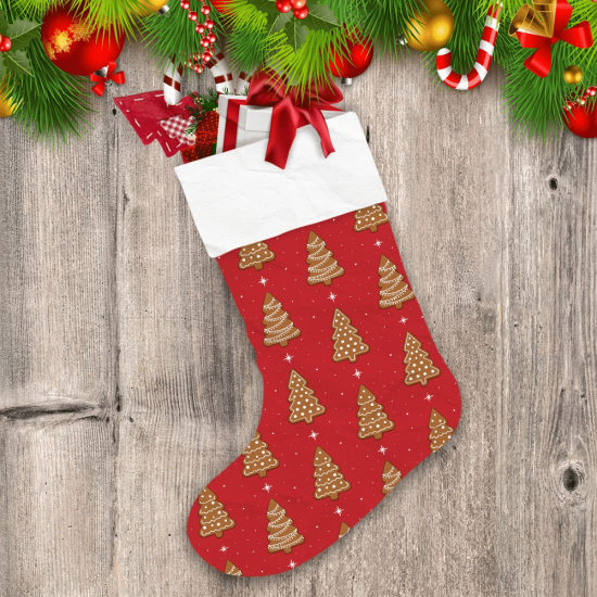 Cookies In The Shape Of Xmas Tree On Red Background Christmas Stocking