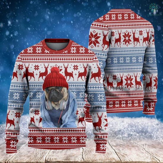 Cool Dog Christmas Sweatshirt - Christmas Funny Dog Pug - Ugly Christmas Sweatshirt - Knitted Animal Dog - Christmas Sweatshirt