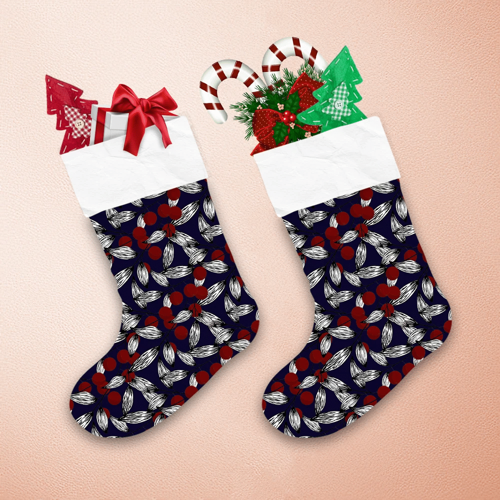 Cozy Hand Drawn Red Berries And White Leaf Pattern Christmas Stocking 1
