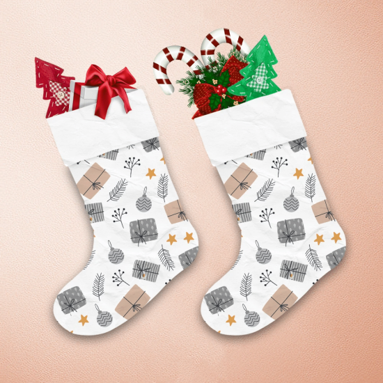 Cozy Winter Illustration Pattern With Gift Boxes Leaves And Ornaments Christmas Stocking 1