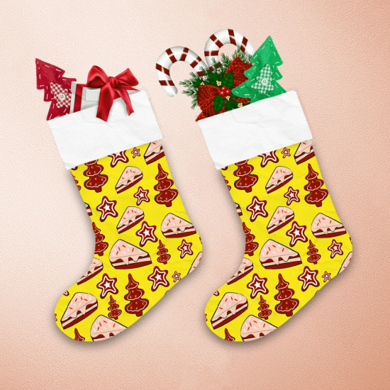 Creative Pattern On Yellow Background With Cake Pieces And Cookies Christmas Stocking 1