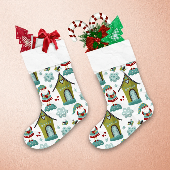 Cute Birds Clouds Gnomes And Houses Illustration Christmas Stocking 1