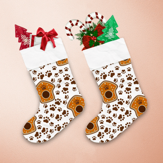 Cute Brown Pawprint And Gingerbread Cookies On White Background Christmas Stocking 1