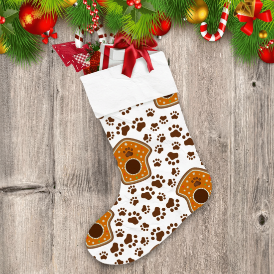 Cute Brown Pawprint And Gingerbread Cookies On White Background Christmas Stocking