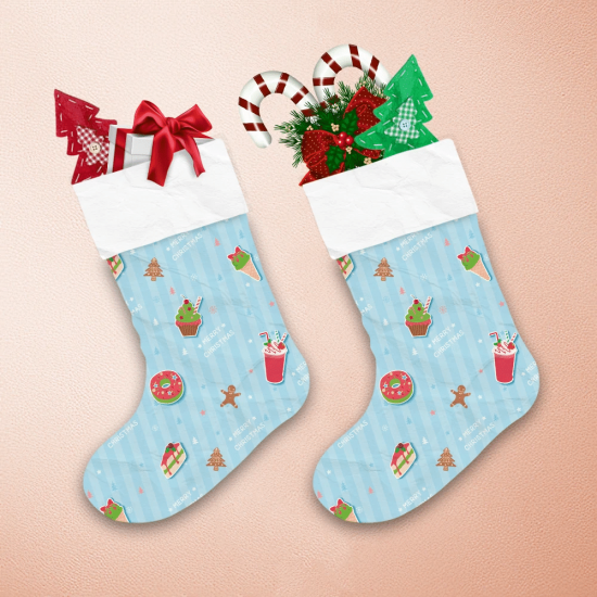 Cute Cakes With Donuts Cupcakes Ice Cream On Blue Striped Background Christmas Stocking 1