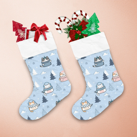 Cute Cartoon Kawaii Cats With Scarf And Christmas Tree Pattern Christmas Stocking 1