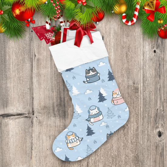 Cute Cartoon Kawaii Cats With Scarf And Christmas Tree Pattern Christmas Stocking