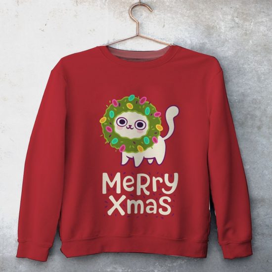 Cute Cat In Christmas Wreath Unisex All Over Print Cotton Sweatshirt