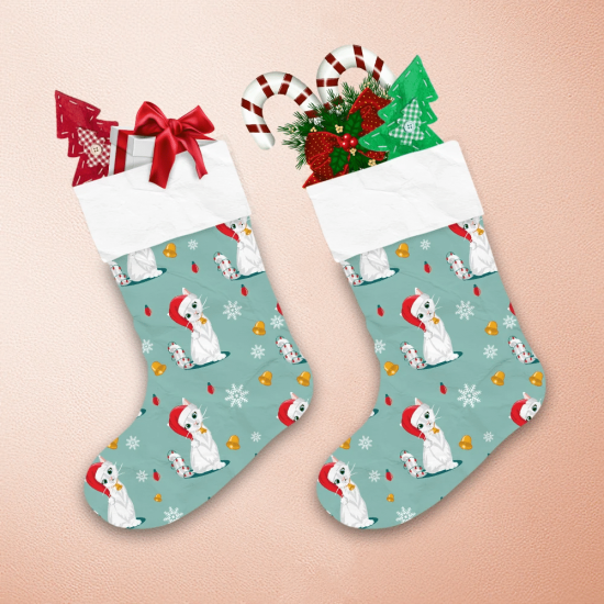 Cute Cat With Chrismas Hat And Bell Christmas Stocking 1