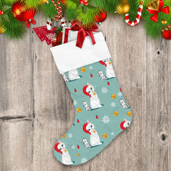 Cute Cat With Chrismas Hat And Bell Christmas Stocking