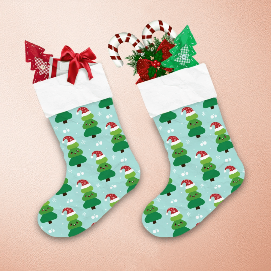 Cute Christmas Tree In Santa Hat And Snowflakes Christmas Stocking 1