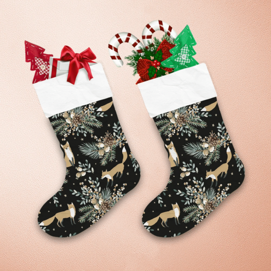 Cute Fox Animals With Green Fir Pine Twigs Cones And Berries Christmas Stocking 1