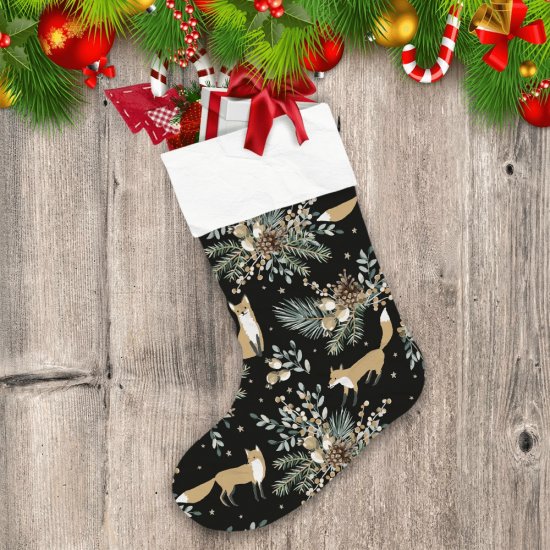 Cute Fox Animals With Green Fir Pine Twigs Cones And Berries Christmas Stocking