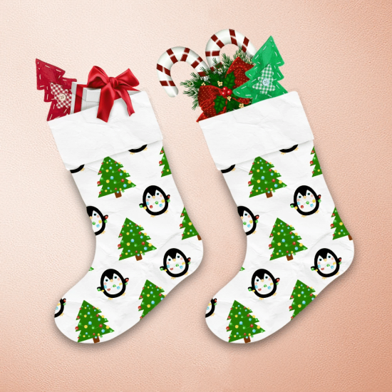 Cute Penguin And Christmas Tree With Lamps Christmas Stocking 1