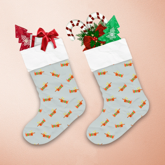 Dachshund Dog In Christmas Outfit On Grey Christmas Stocking 1