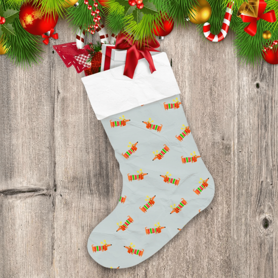 Dachshund Dog In Christmas Outfit On Grey Christmas Stocking