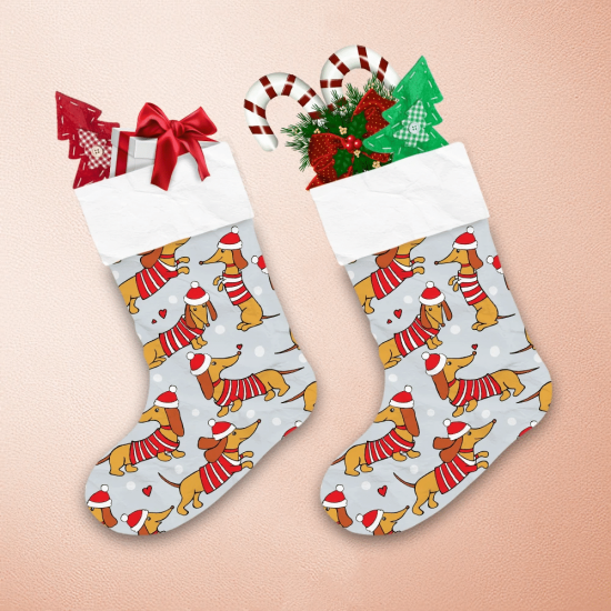 Dachshund In Santa Hats And Striped Jersey Christmas Stocking 1