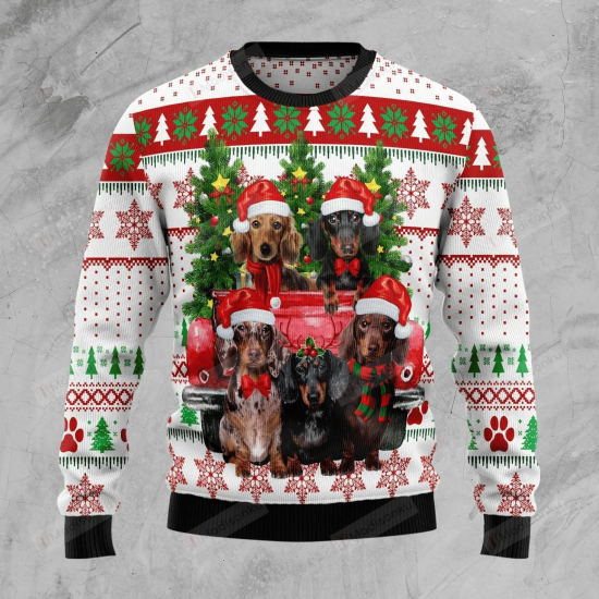 Dachshund Red Truck Ugly Christmas Sweater