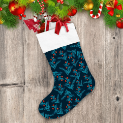 Dark Background With Christmas Pine Tree Berries Branches Christmas Stocking
