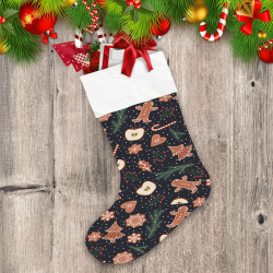 Dark Theme Christmas Pattern With Gingerbread Man Snowflake Apple Christmas Stocking