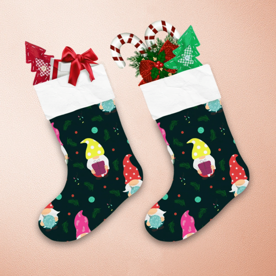 Dark Theme With Palm Leaves Gnomes And Gifts Boxes Christmas Stocking 1